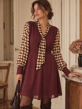 Burgundy Long-Sleeve Tie-Neck Dress Printed Sleeves Academia Officewear